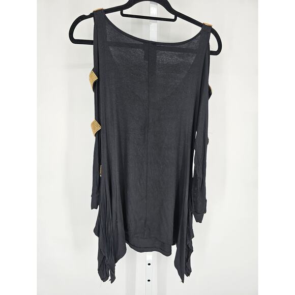 La Vanya Womens Sz M Long Sleeve Cold Shoulder Blouse Black w/ Gold Rehinestones - Picture 4 of 4